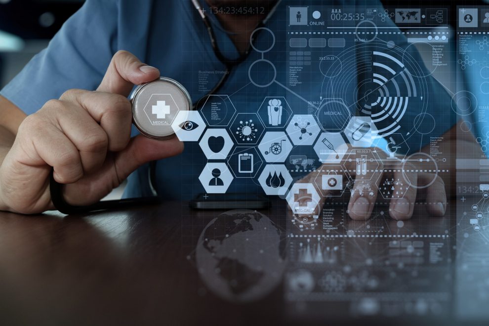 Medicine doctor hand working with modern computer interface as m