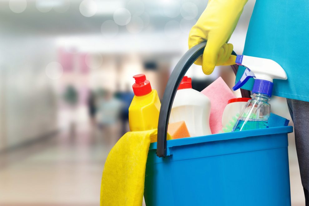 Cleaning lady with a bucket and cleaning products .