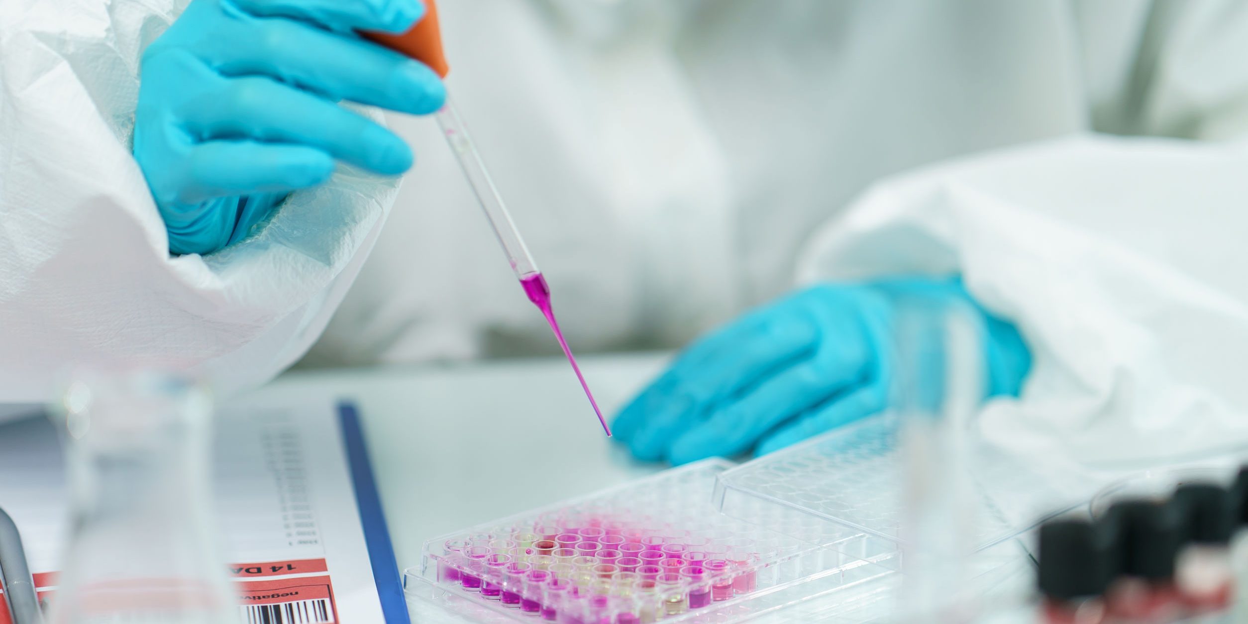 Scientist in laboratory with  biological tube for analysis and s