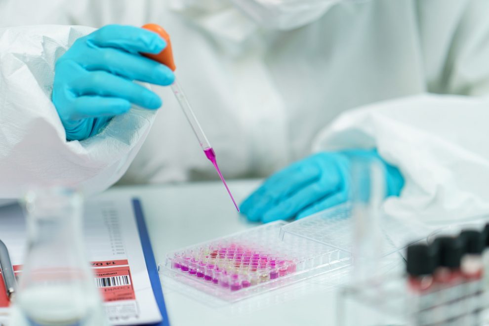 Scientist in laboratory with  biological tube for analysis and s