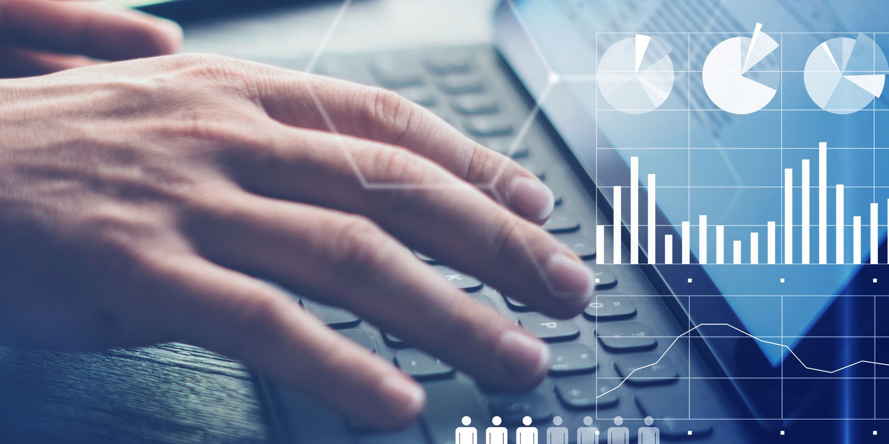 Concept of virtual diagram,graph interfaces,digital display,connections,statistics icons.Man using contemporary electronic tablet with dock keyboard.Blurred background. Vertical.