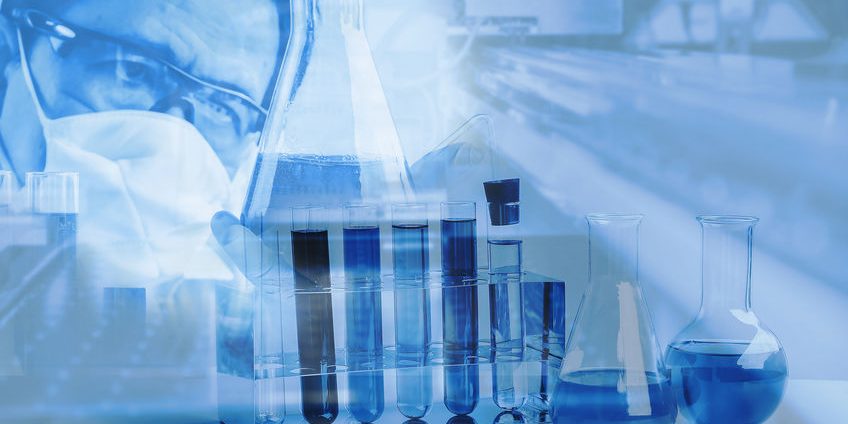Double exposure scientist in laboratory to research with test tu