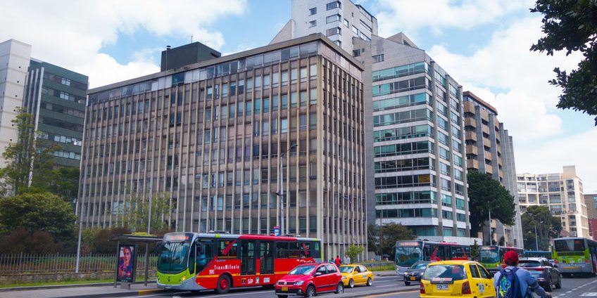 BOGOTA, COLOMBIA – OCTOBER, 11, 2017: Bogota cityscape, the Carrera 5 2th street and the BD Bacata Building in Bogota