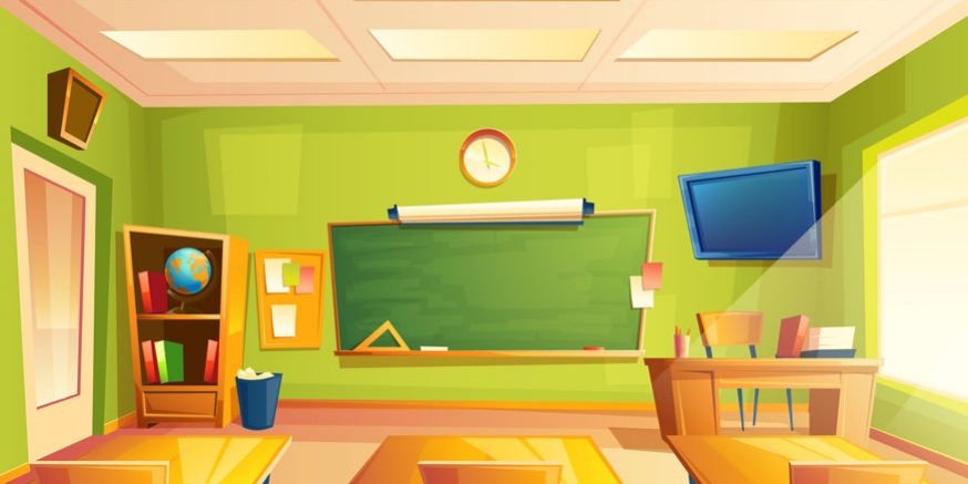 Vector school classroom interior, training room. University, educational concept, blackboard, table college furniture