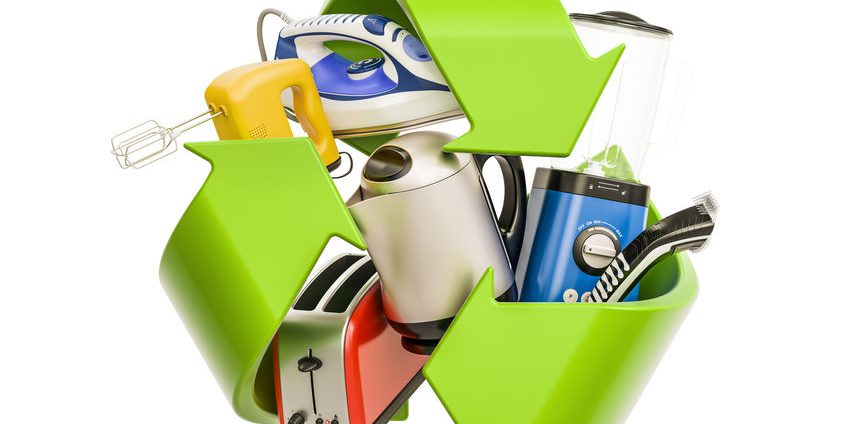 Household appliances with green symbol recycle, 3D rendering